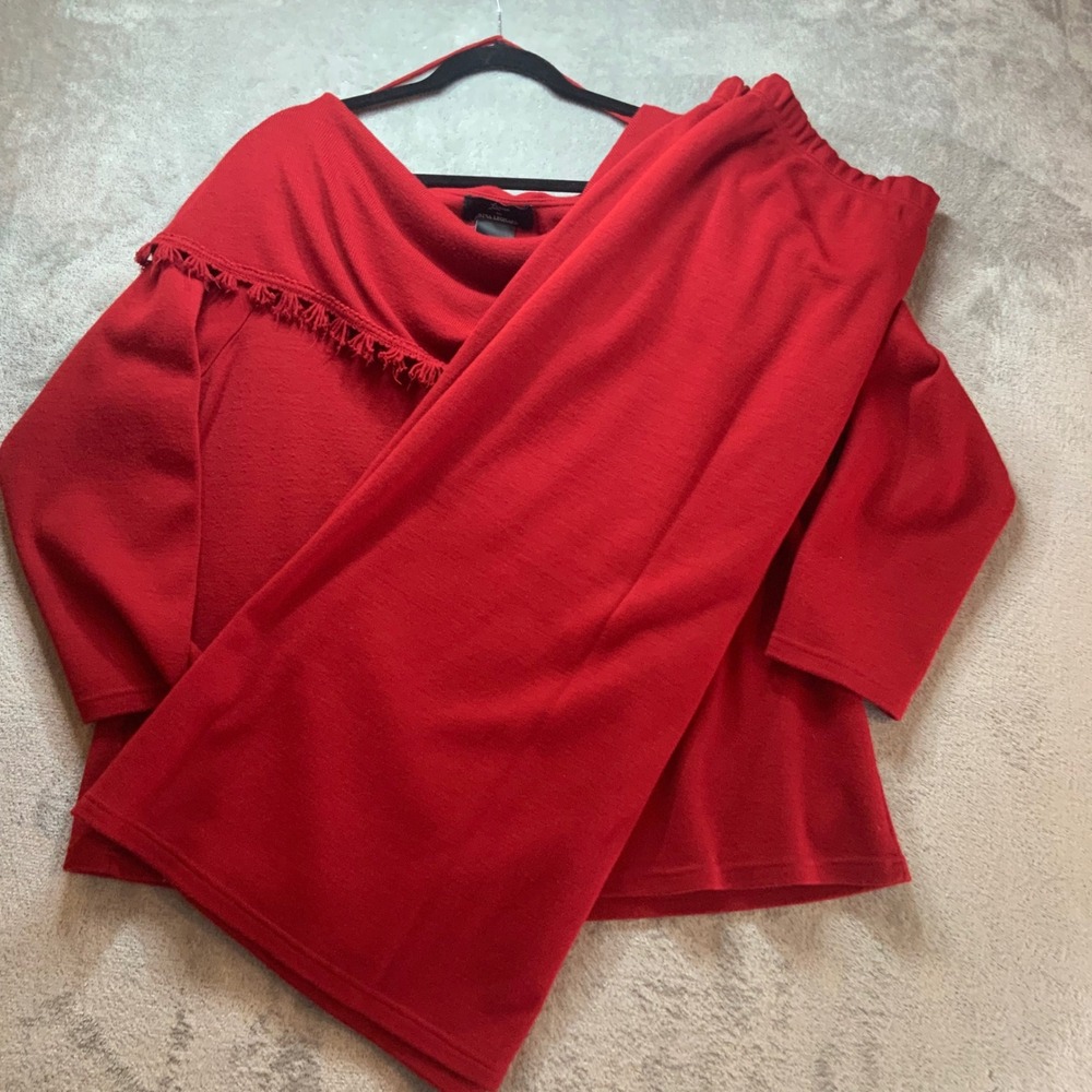 Nina Leonard Red Fringe Cowl Neck Sweater and Skirt Set Womens 2X L1586V